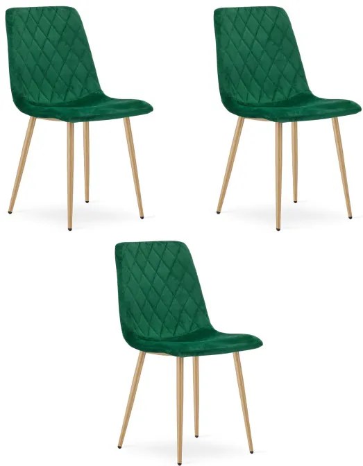 Set troch jedálenských stoličiek TURIN zamatové, tmavozelené / hnedé nohy (3 ks)