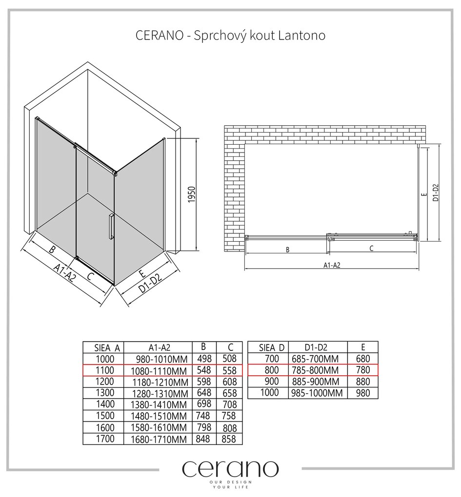 CERANO - Sprchovací kút Lantono L/P - 8 mm - čierna matná, grafitové sklo - 110x80 cm - posuvný, CER-CER-8050BD7516
