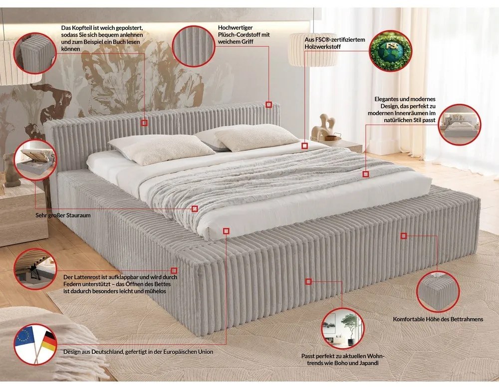 Sivá čalúnená dvojlôžková posteľ s úložným priestorom s roštom 180x200 cm Cloe – Ropez