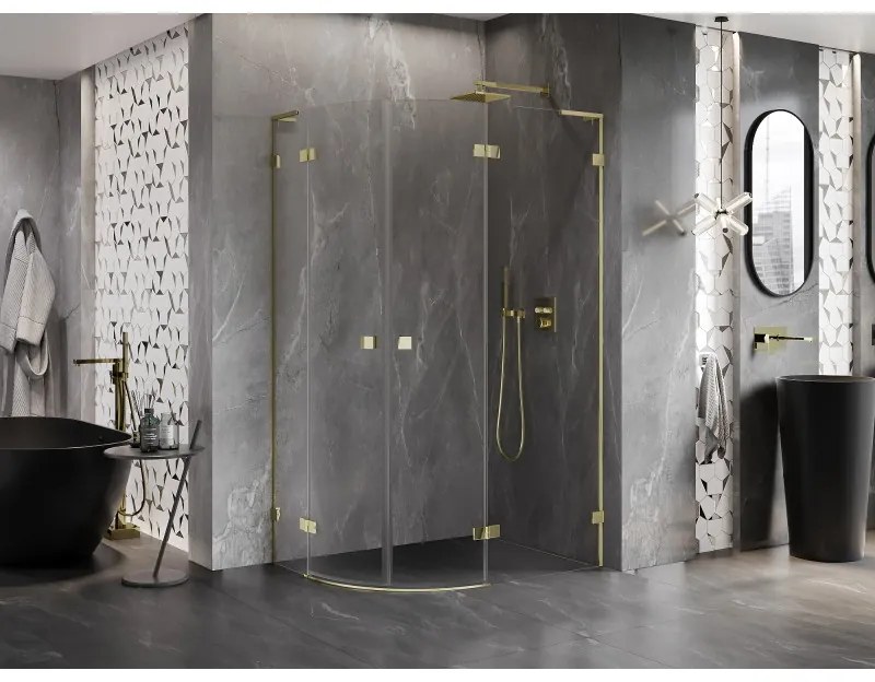 Mexen Lunar, L pravý polkruhový sprchový kút 90 x 80 cm, 8mm číre sklo, zlatý matný profil, 833L-090P-080L-55-00