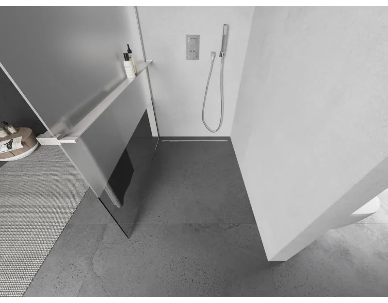 Mexen Kioto+ L, sprchová zástena Walk-In s poličkou a vešiakom 70 x 200 cm, 8mm číre sklo-námraza, brúsená oceľ profil, 800-070-123-97-35