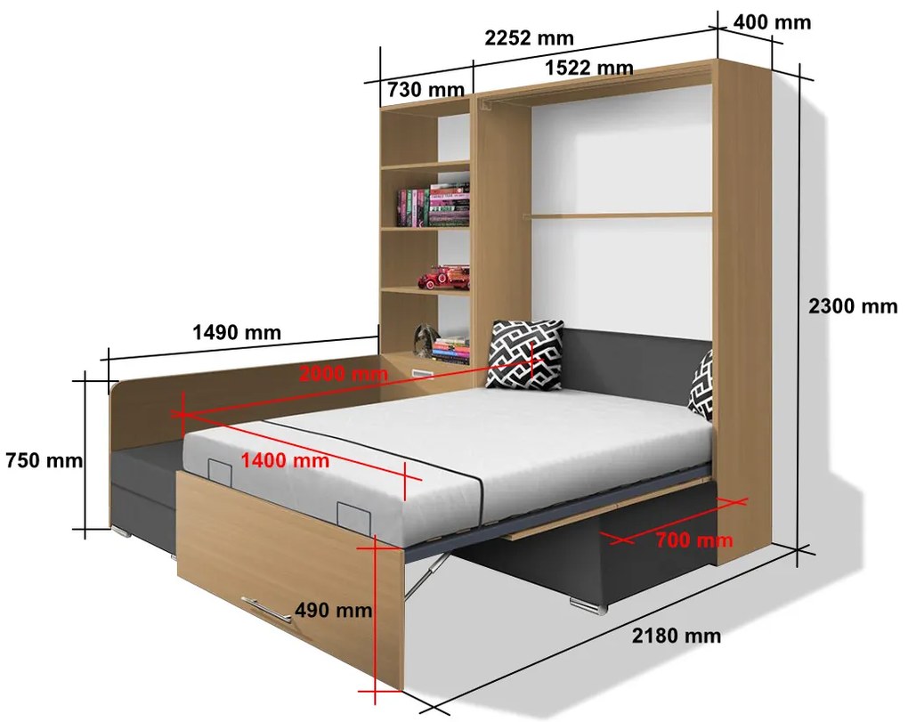 Nabytekmorava Sklápacia posteľ s pohovkou VS 21075 - 200x140 cm farba pohovky: Červená, Typ farebného prevedenia: Bielá / dvere biele