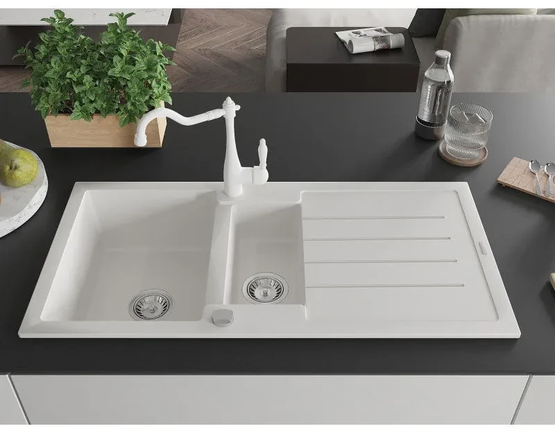 Mexen Andres, granitový drez 1000x500x200 mm, 1,5-komorový a drezová batéria Carla, biela, 6515-20-670700-20