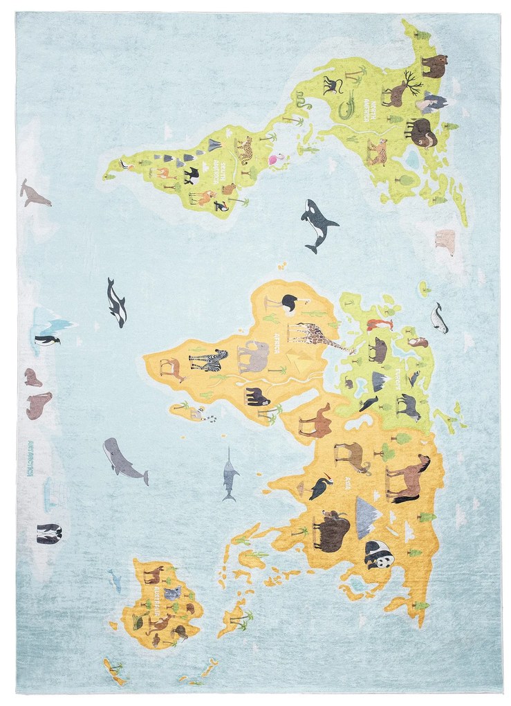 Detský koberec s motívom mapy sveta a zvierat
