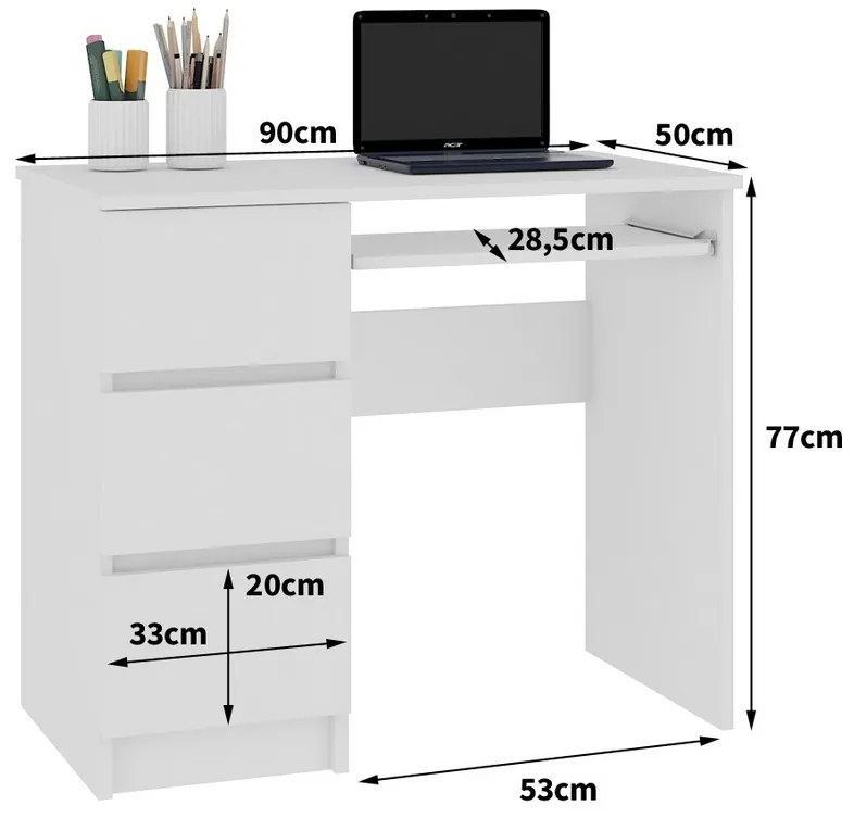 Písací stôl AKORD A-6, 90x77x50, biela/čierna lesk, ľavá