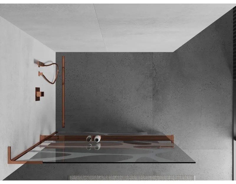 Mexen Kioto+ L, sprchová zástena Walk-In s poličkou a vešiakom 110 x 200 cm, 8mm číre sklo biely vzor, ružové zlato profil, 800-110-123-60-97