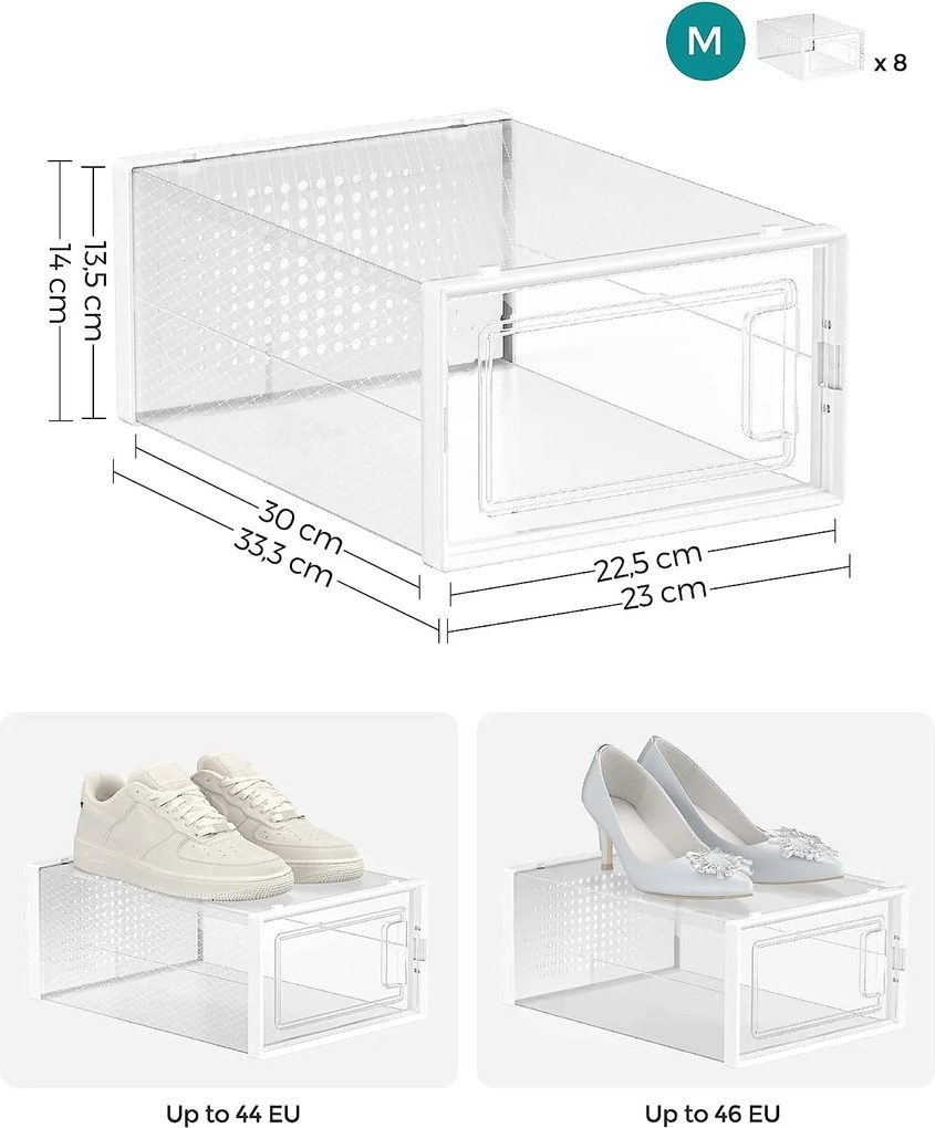 Boxy, plastové krabice na topánky, sada 8 ks stohovateľných organizérov, biele