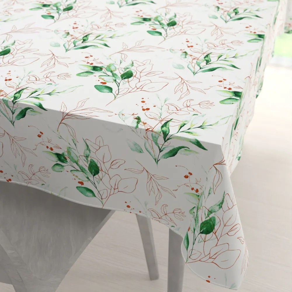 Biante Bavlnený obdĺžnikový obrus Sandra SA-706 Zeleno-hnedé vetvičky s lístkami na bielom 140x180 cm