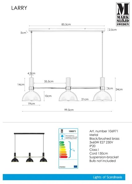 Markslöjd 106971 - Luster na lanku LARRY 3xE27/60W/230V čierna/zlatá