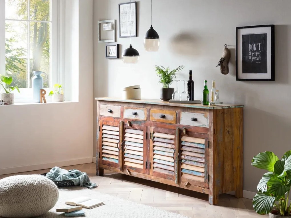 furniture-nabytek.cz - Masivní komoda Wakefield z recyklovaného dřeva, lakovaná, vícebarevná – 182×45×90 cm