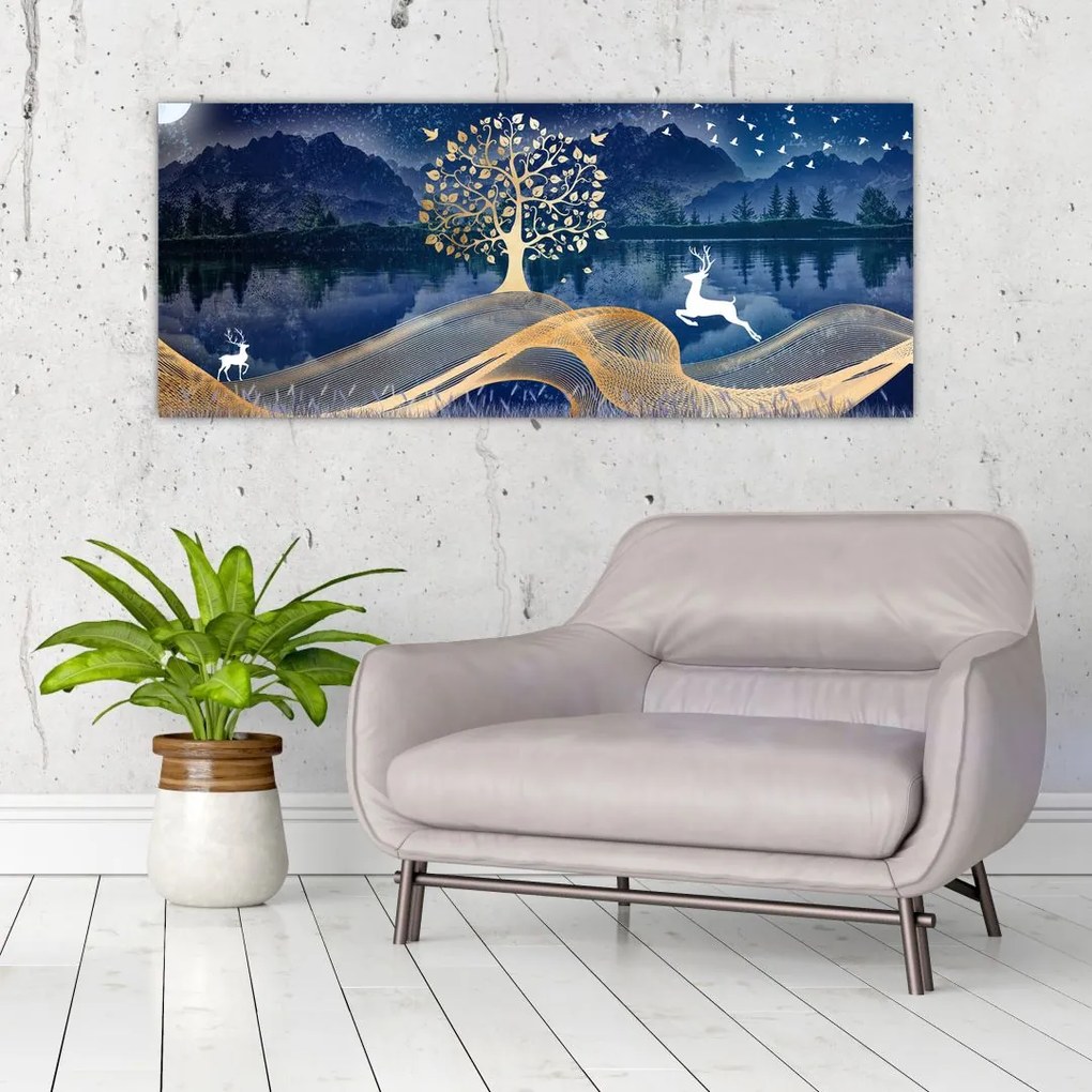 Obraz jeleňov pri splne (120x50 cm)