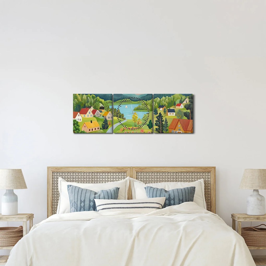 Obraz - Dedina v horách (s hodinami) (90x30 cm)