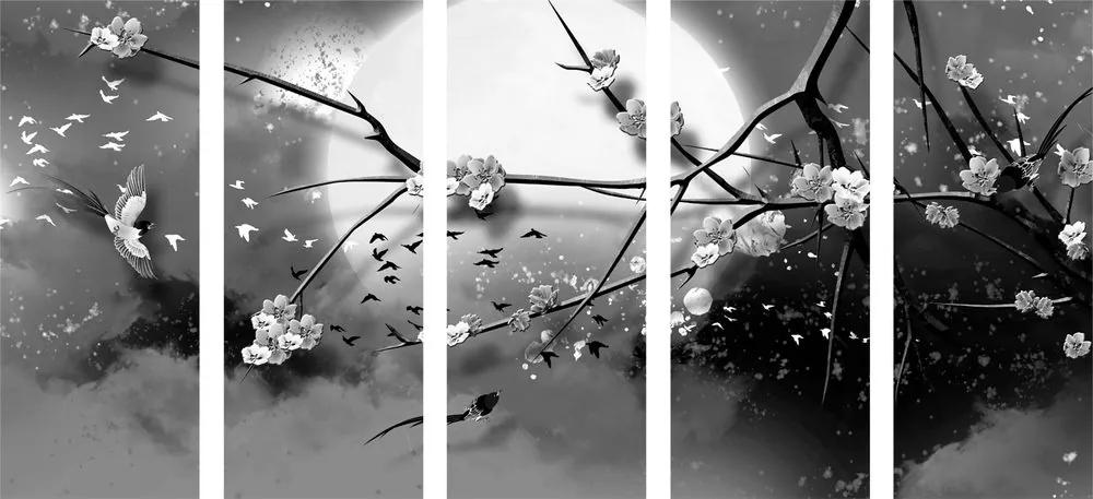 5-dielny obraz konáre stromu za splnu mesiaca v čiernobielom prevedení - 200x100