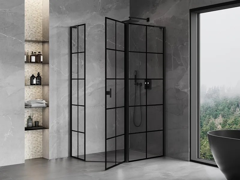 Mexen Mist L, päťuholníkový sprchový kút s krídlovými dverami, 90 x 80 cm, 8mm číre sklo, čierny profil, 8A8L-090-080-70-77-P