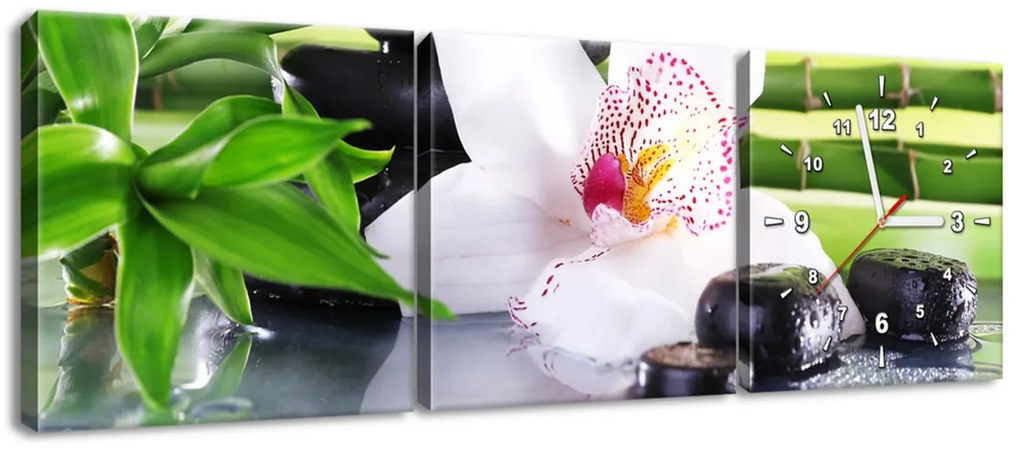 Gario Obraz s hodinami Biela orchidea a kamene - 3 dielny Rozmery: 80 x 40 cm