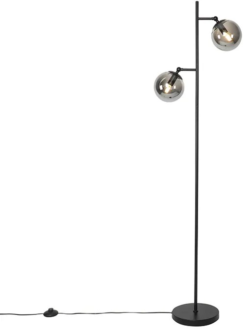 Art Deco stojaca lampa čierna s dymovým sklom 2-svetlo - Pallon