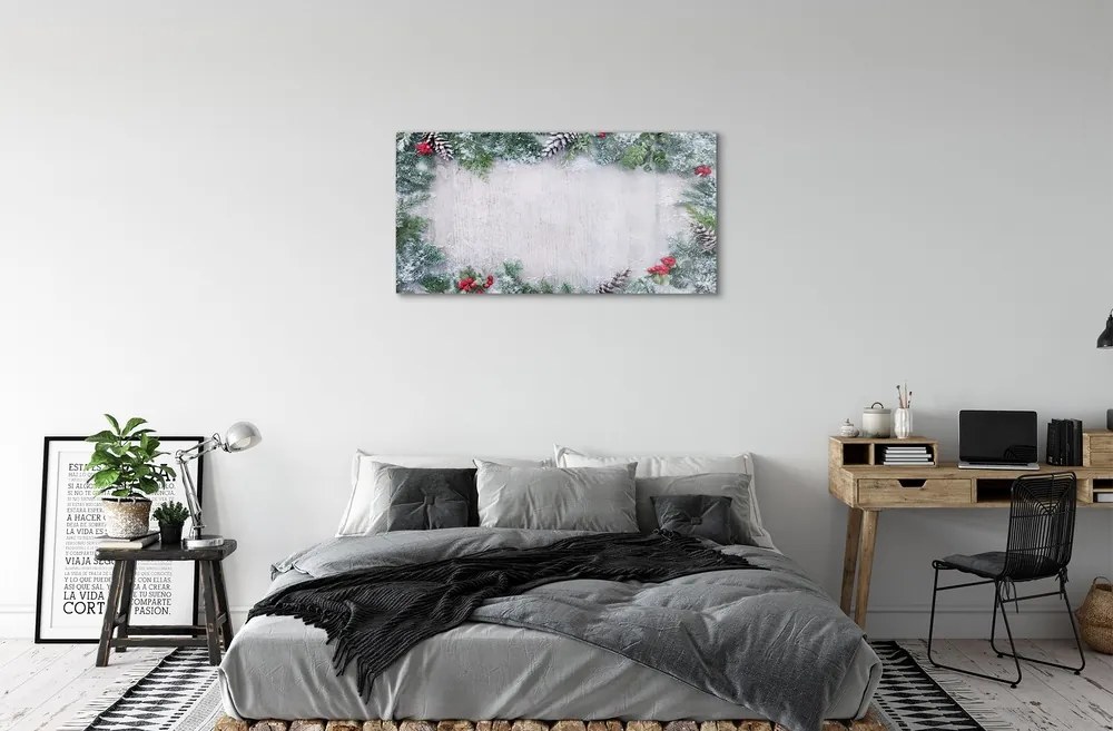 Sklenený obraz Snehové šišky, vetvičky 125x50 cm