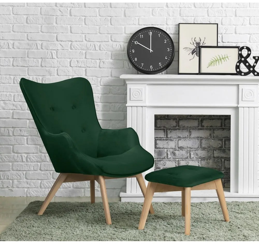Tmavozelené zamatové kreslo s podnožkou Niko – Ropez