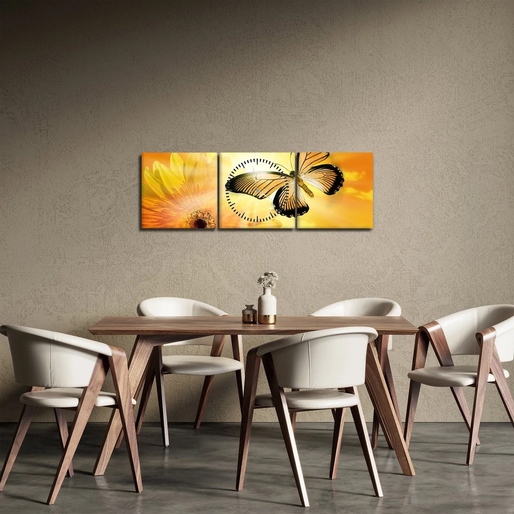Obraz - Žltý motýľ s kvetom (s hodinami) (90x30 cm)