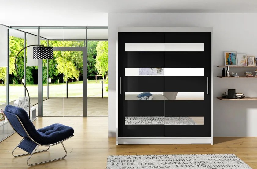 Bílá šatní skříň černé posuvné dveře Macao 150 cm