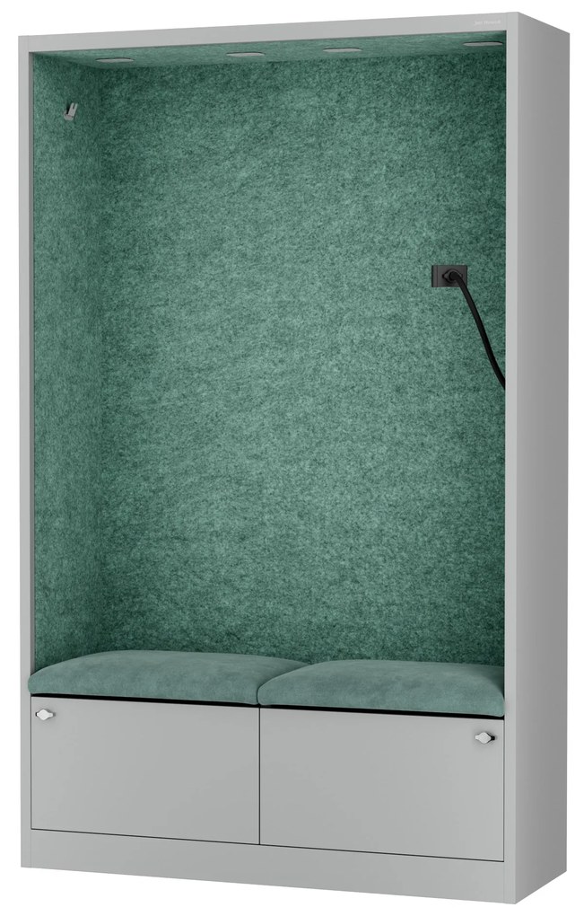 Kancelárska akustická kabína so sedadlom a portom USB-C, telo v sivý farbe / sedadlo v zelenej farbe, 1150 mm: SALLY MentalBox