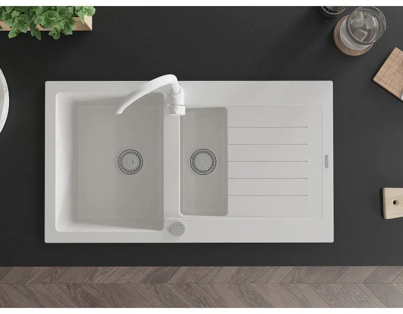 Mexen Matias, 1,5-komorový granitový drez s odkvapkávačom 90x50 cm a kuchynskou batériou Telma, biela, 6502-20-670200-20