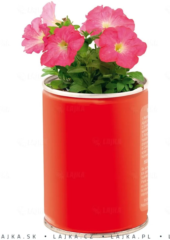 Flowcan plechovka červená so semienkami petunie 6,5×9 cm
