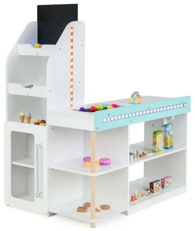 Drevená hracia súprava supermarketu s pokladňou a nákupným vozíkom a hrou na nákup potravín na tabuli