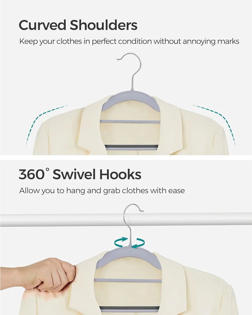 Vešiaky na šaty, odolné plastové ramienka, balenie 50 kusov, sivé