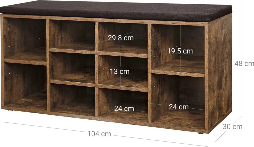 Lavica na topánky s 10 priehradkami, botník s poduškou, 104 x 30 x 48 cm, tmavohnedá farba