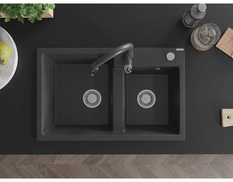 Mexen Tomas, granitový drez 800x500x190 mm, 2-komorový a drezová batéria Savita, čierna škvrnitá, 6516-76-672601-76