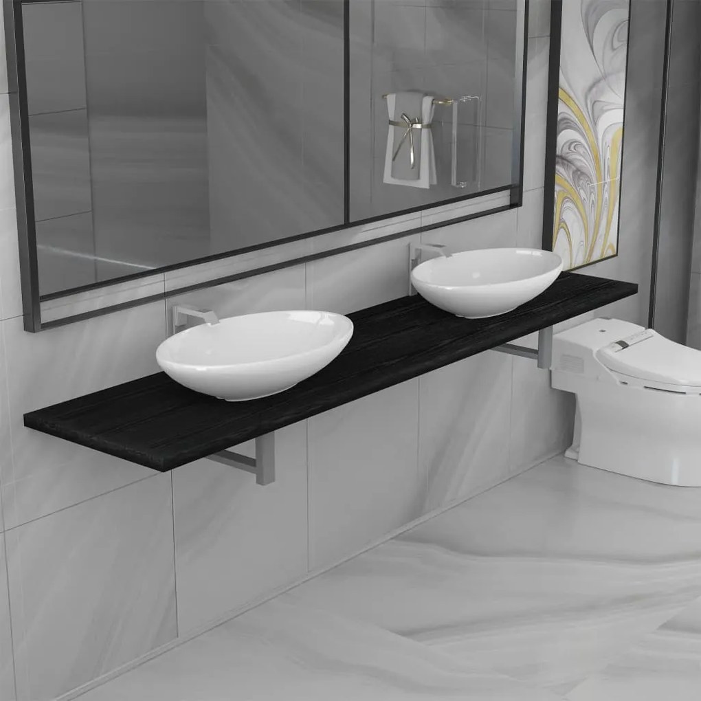 vidaXL Trojdielna sada kúpeľňového nábytku čierna keramická
