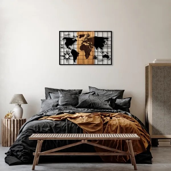 Nástenná dekorácia 90x58 cm mapa drevo/kov