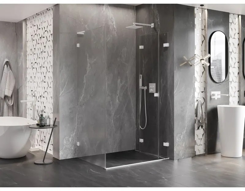 Mexen Lunar-F L, pravý sklápací sprchový kút 95 x 90 cm, 8mm číre sklo, biely profil, 836L-095-090-20-00-P