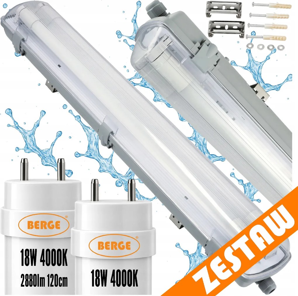 LED sada světel, hermetické svítidlo 120 cm, 36 W, 5760 lm, 4000 K, do garáže, s plechem