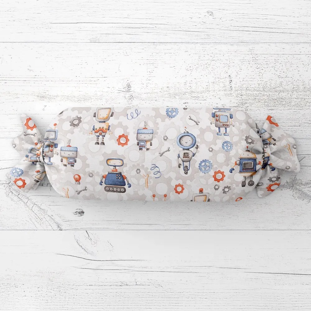 Biante Detský vankúš valec bonbon Sandra SA-584 Svet robotov na sivo-bielom 15x40 cm