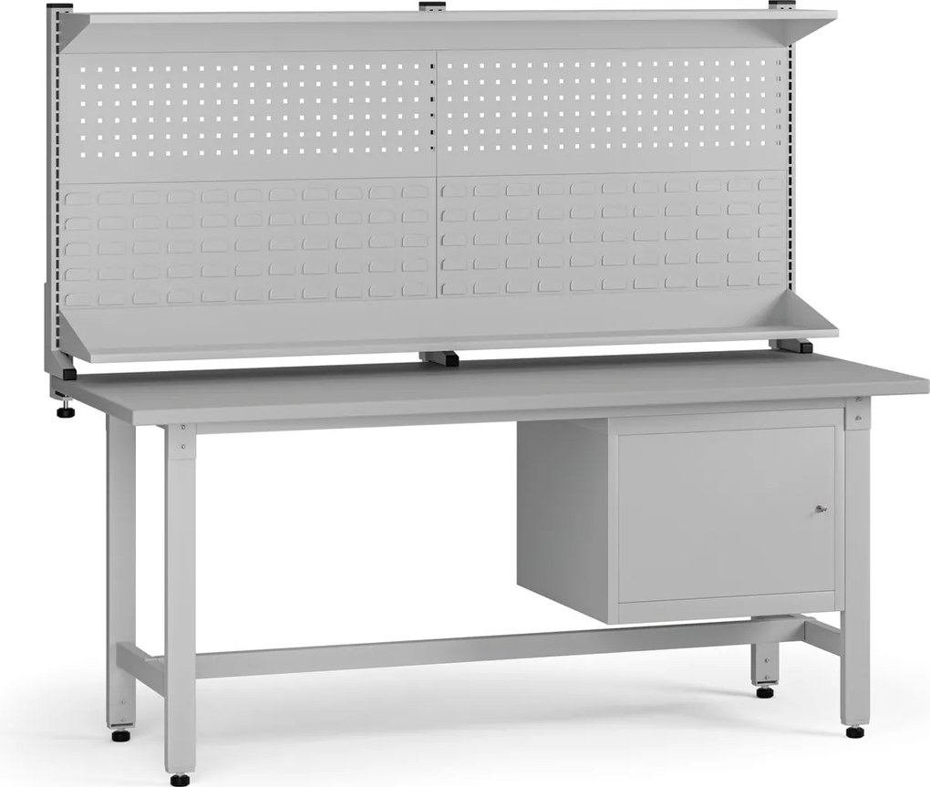 Výškovo nastaviteľný dielenský stôl G5 s nadstavbou, 1800 x 750 x 800-1000 mm, 1x skrinka, sivá