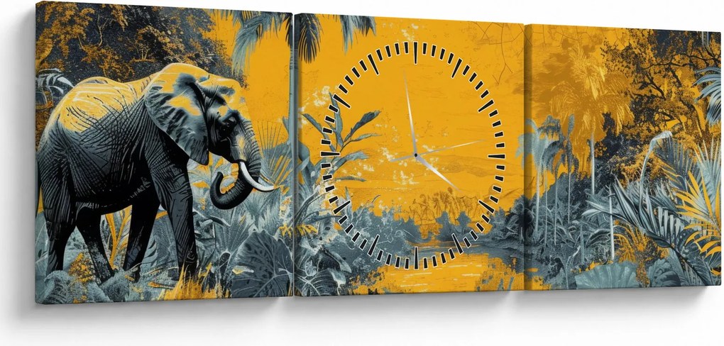 Obraz - Slon v prírode (s hodinami) (90x30 cm)