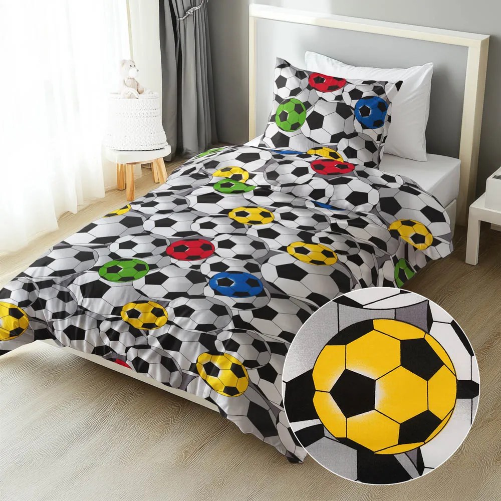 Biante Detské bavlnené posteľné obliečky Sandra SA-580 Farebné a sivé futbalové lopty Jednolôžko 140x200 a 70x90 cm