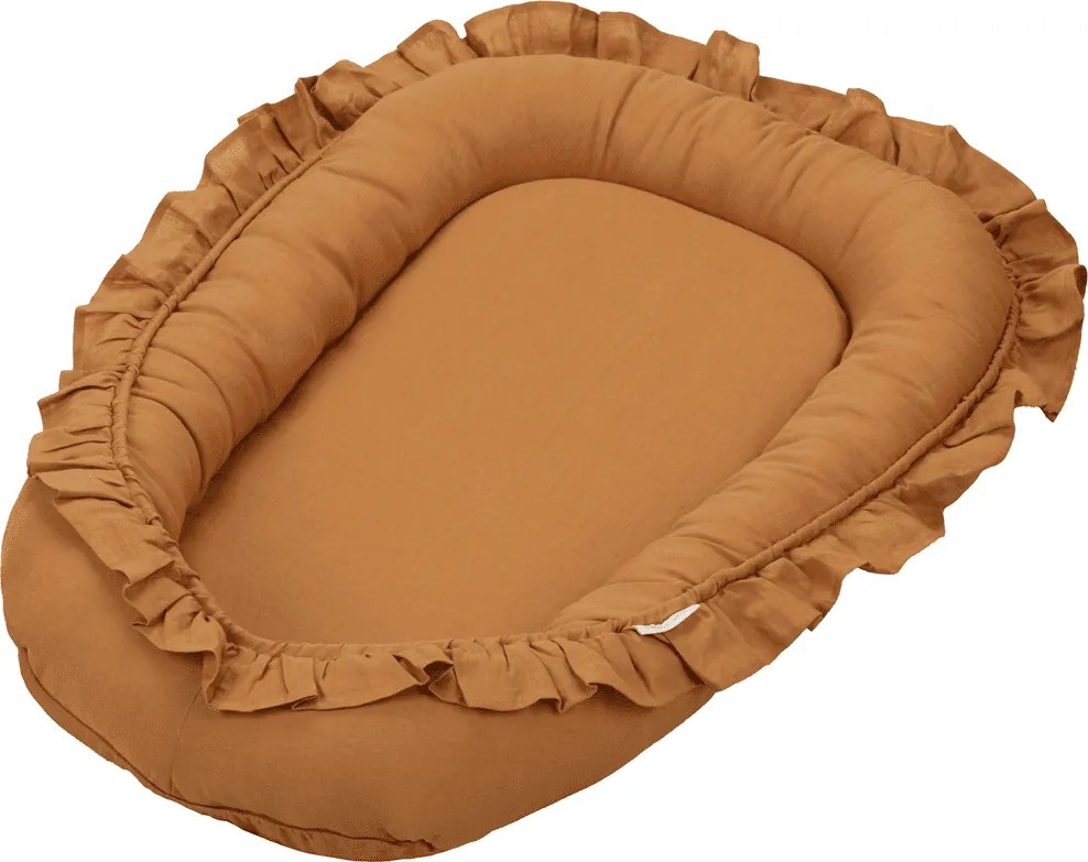 Ľanové hniezdo pre bábätko s volánom karamelová