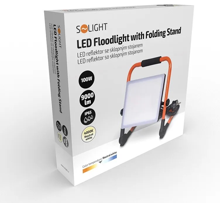 SOLIGHT LED prenosný reflektor 100W/230V/4000K/9000Lm/IP65, sklopný stojan