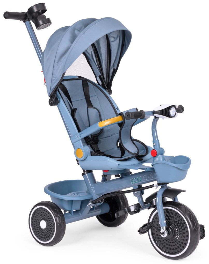 ECOTOYS Trojkolka/ kočík, 2v1, s otočným sedadlom a sklopnou strieškou, modrá