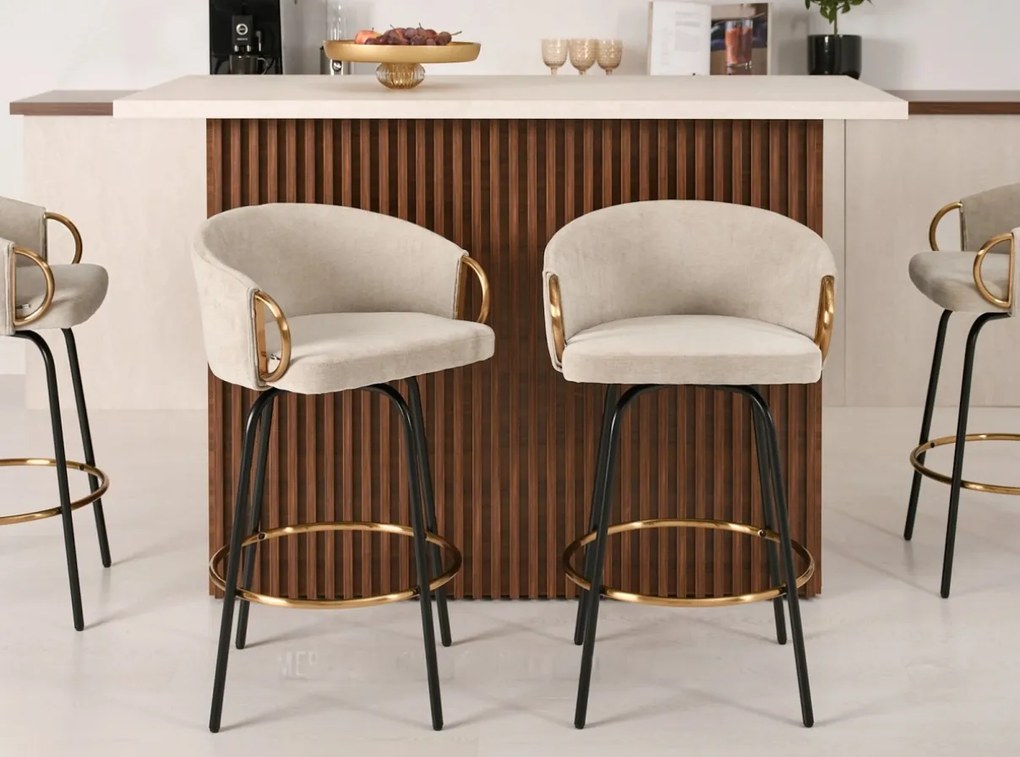 Dizajnová barová stolička ERIKA krémová + čierno zlaté nožičky