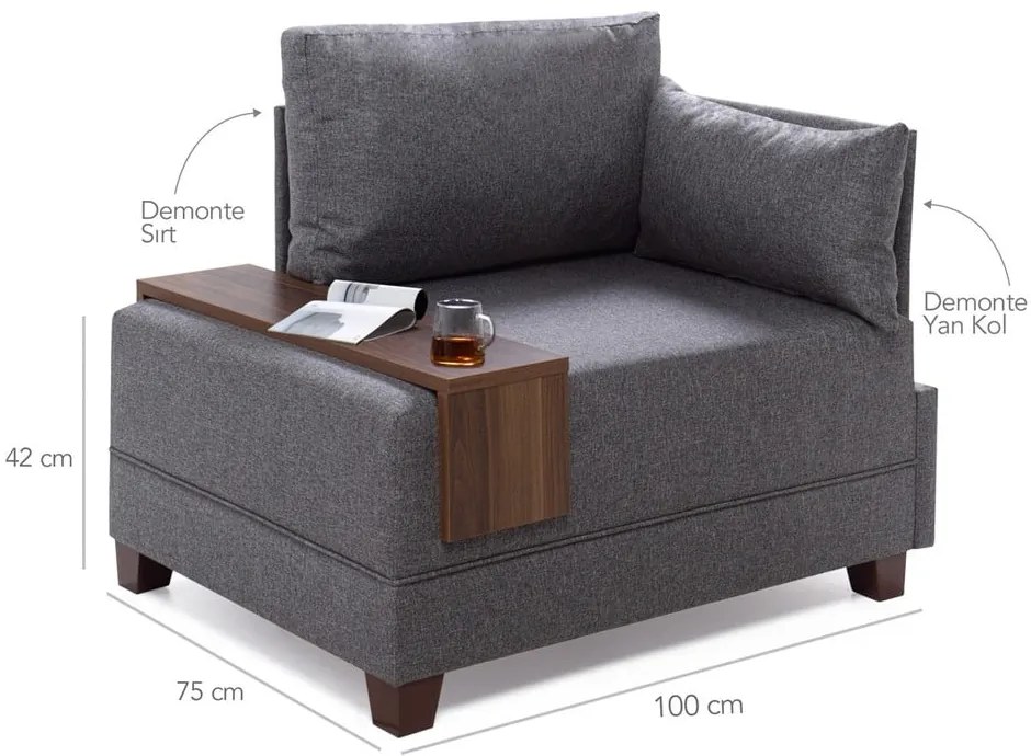 Sivé kreslo s opierkou na ruky na pravej strane a odkladacou doskou Balcab Home Martha