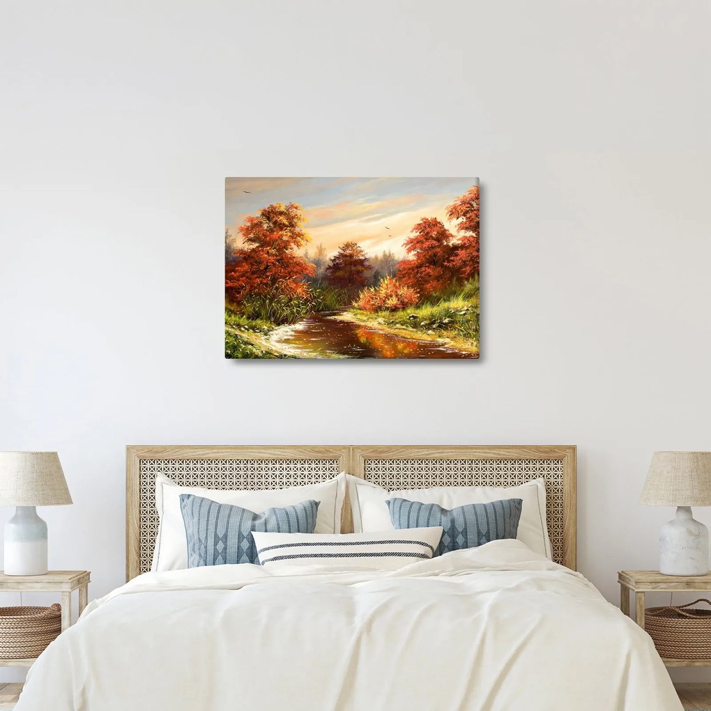 Obraz rieky v jesennej krajine, olejomaľba (70x50 cm)