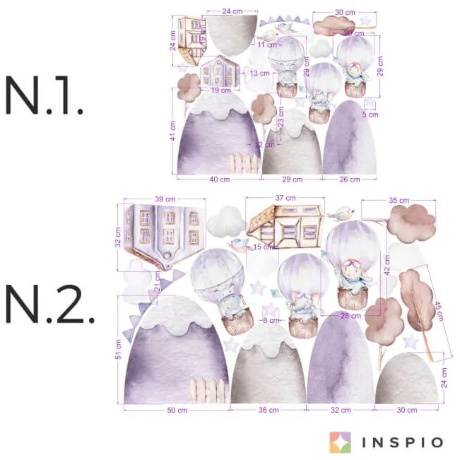 Nálepky na stenu pre deti - Fialové kopce so zvieratkami