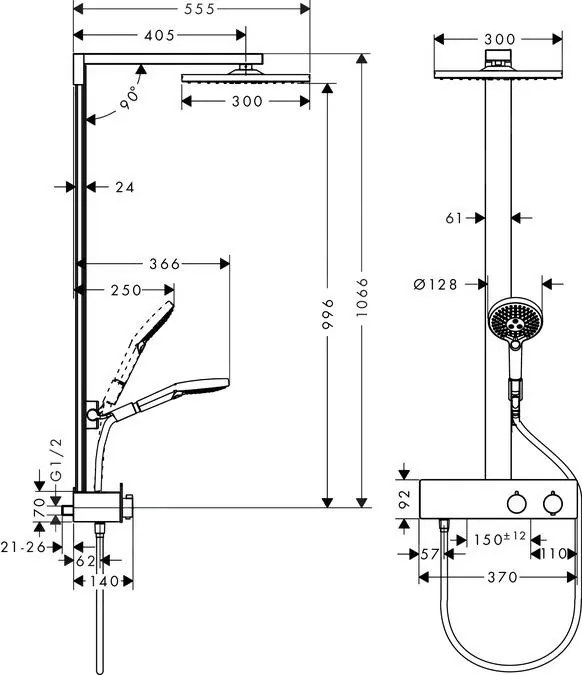 Hansgrohe Raindance E, sprchová súprava Showerpipe 300 s termostatom 350 EcoSmart 9 l/min, chrómová, HAN-27362000