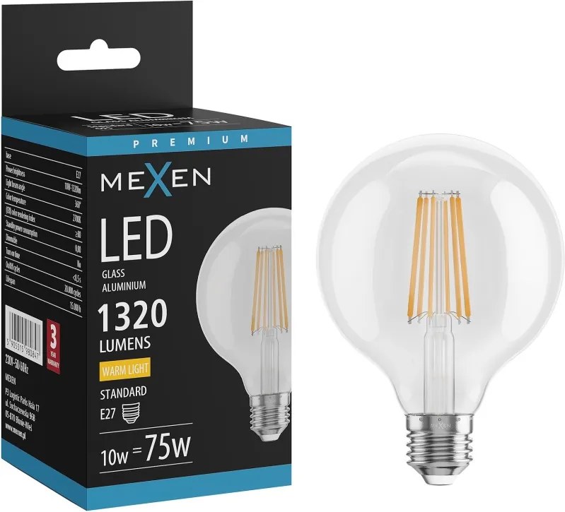 Mexen Vintis, LED žiarovka E27, G95, 10W, Teplá - 2700K, 1320 lm, číra - L157-E27-1027-00