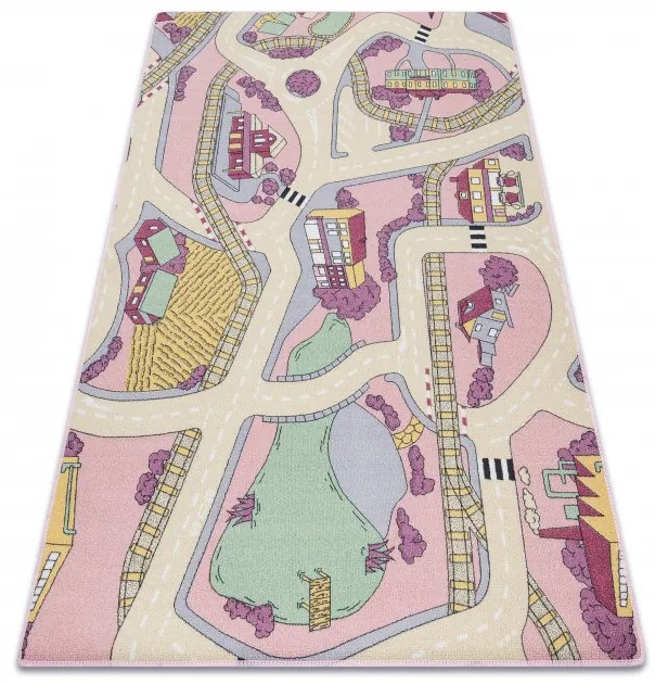 Detský koberec REBEL ROADS Playtime 63 Mesto protišmykový - ružový / béžový