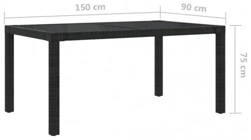 vidaXL Záhradný stôl 150x90x75 cm tvrdené sklo a polyratan čierny-